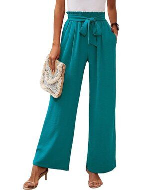Women's Turquoise Wide Leg Pant High Waisted Tie Knot Loose Comfy Casual Trouser